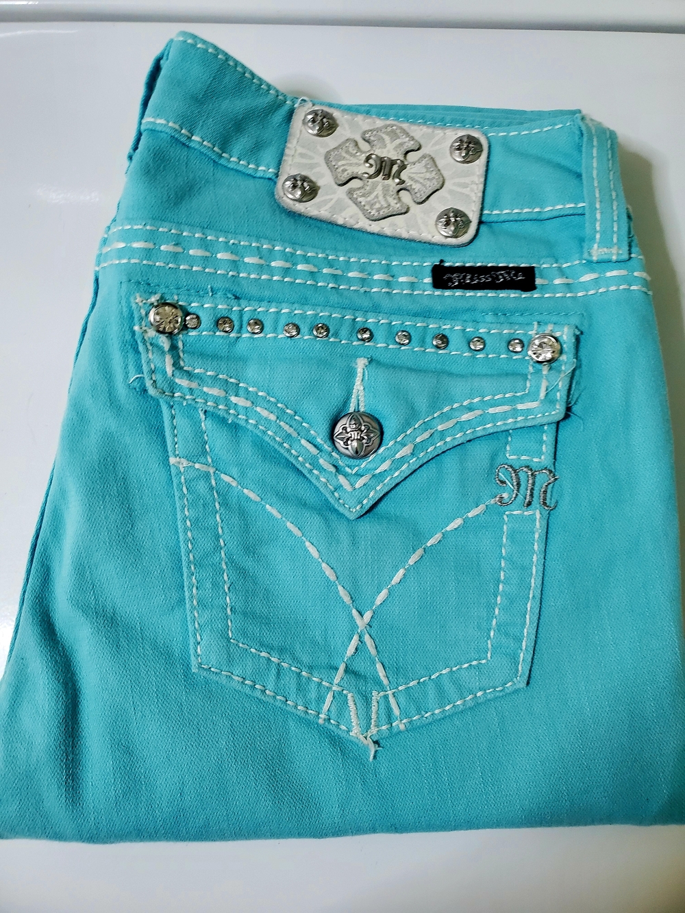 Miss Me Turquoise Skinny Jeans with Studded Back Pocket